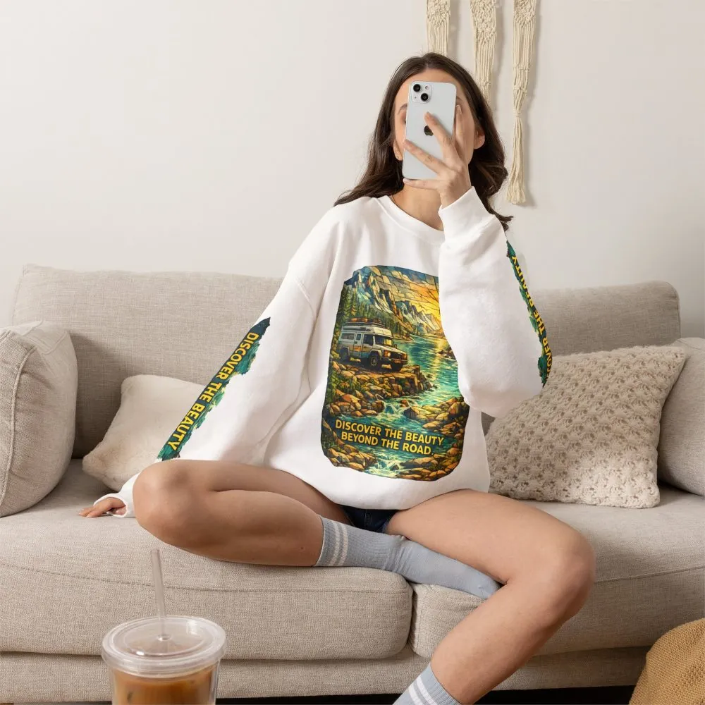 Unisex Heavy Blend™ Crewneck Sweatshirt — "Discover The Bieuty Beyond The Road" Design Cubic-Line