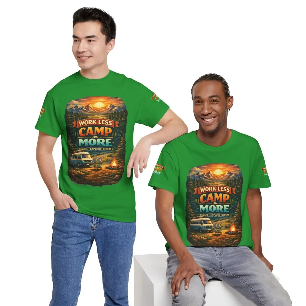 Unisex Heavy Cotton Tee — "Work Less Camp More" Design Scenic-Line