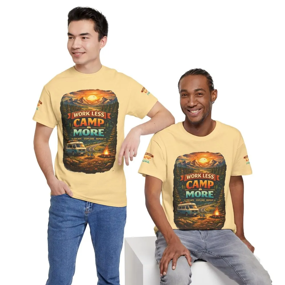 Unisex Heavy Cotton Tee — "Work Less Camp More" Design Scenic-Line