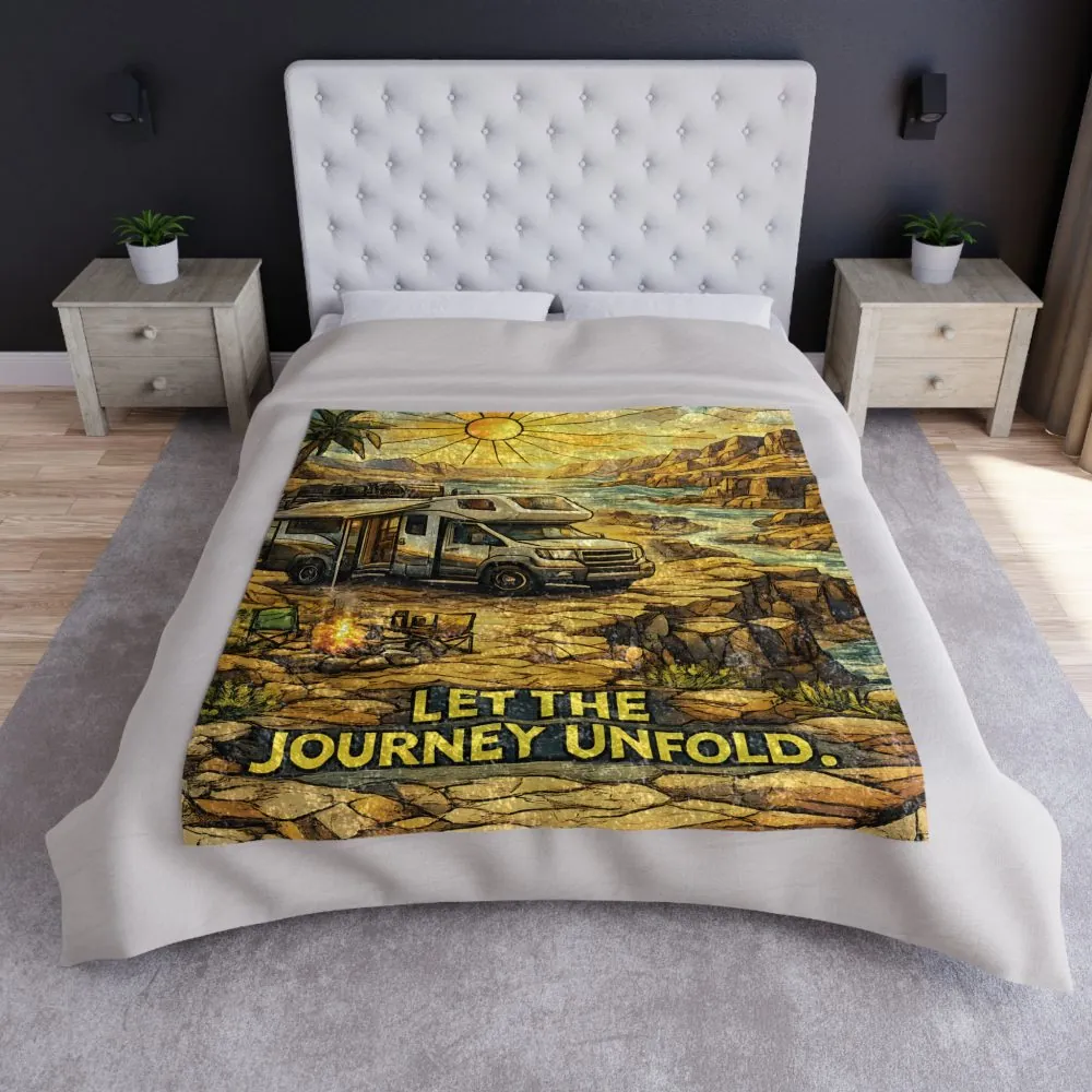 Crushed Velvet Blanket —"Let The Journey Unfold" Design Cubic-Line (Campervan)