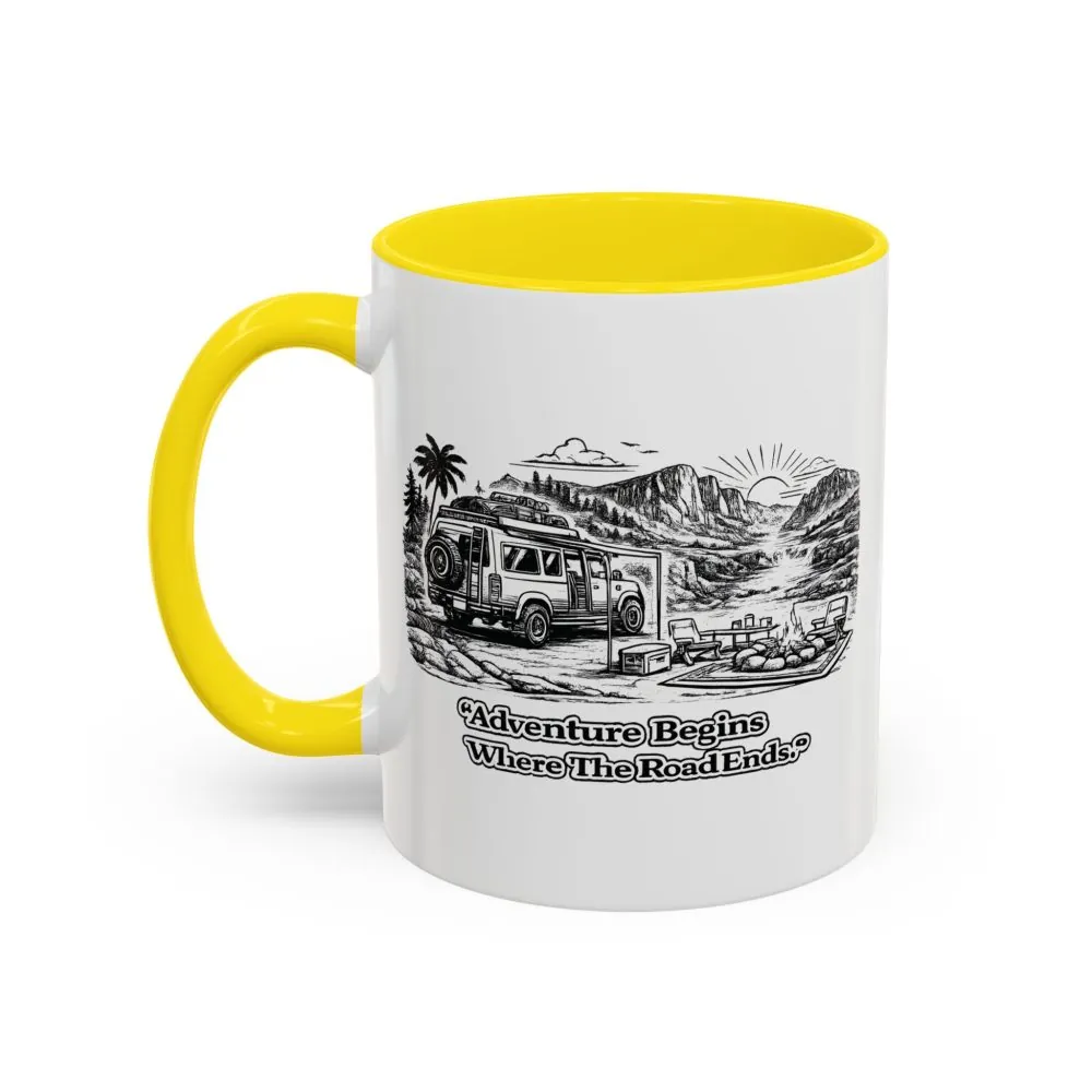 Accent Coffee Mug (11, 15oz) — "Adventure Begins Where The Road Ends" Design Minimal-Line