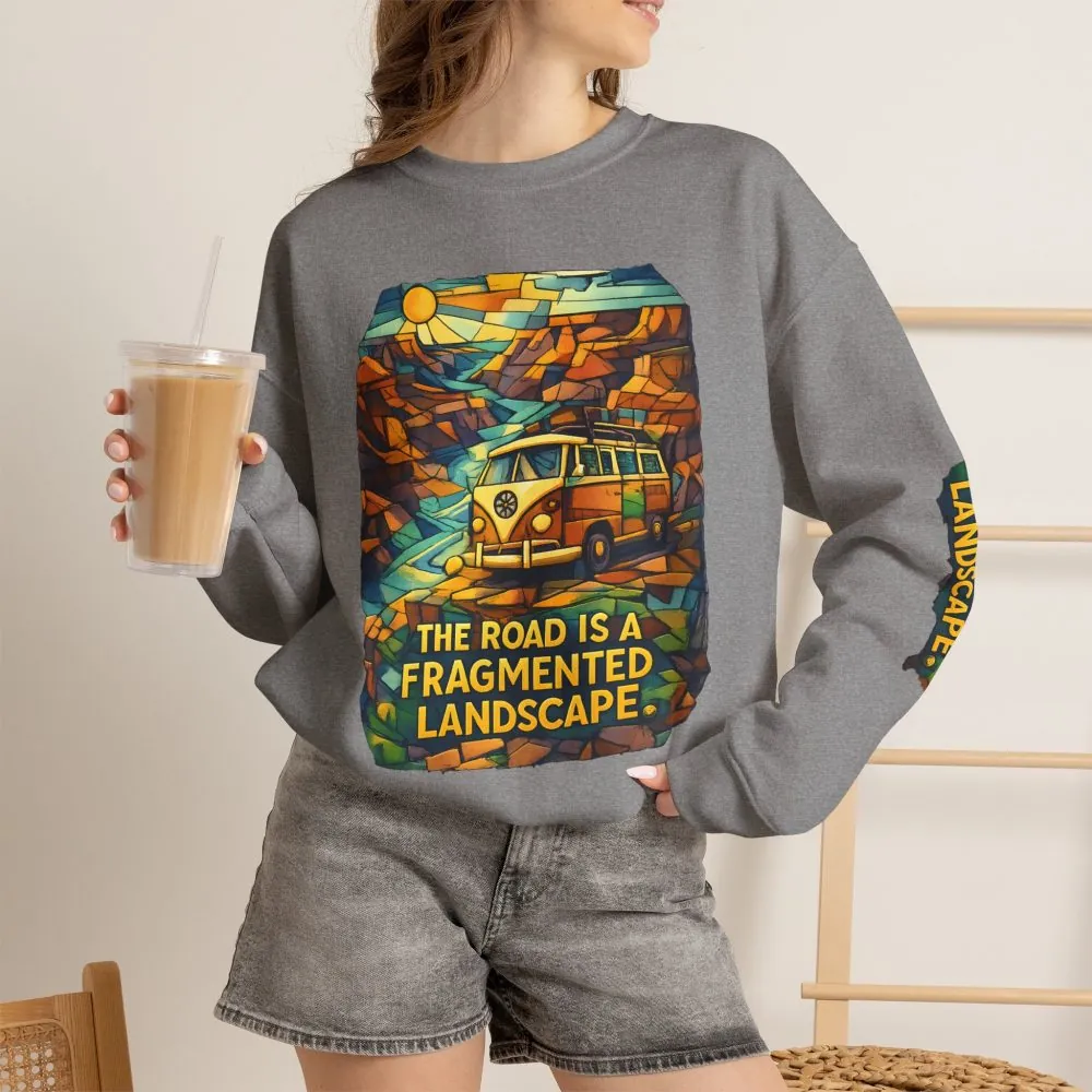 Unisex Heavy Blend™ Crewneck Sweatshirt — "The Road Is A Fragmented Landscape" Design Cubic-Line