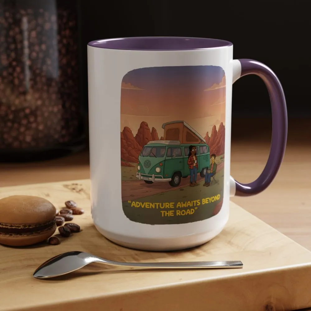 Accent Coffee Mug (11, 15oz) — "Adventure Awaits Beyond The Road" Design Sitcom-Line