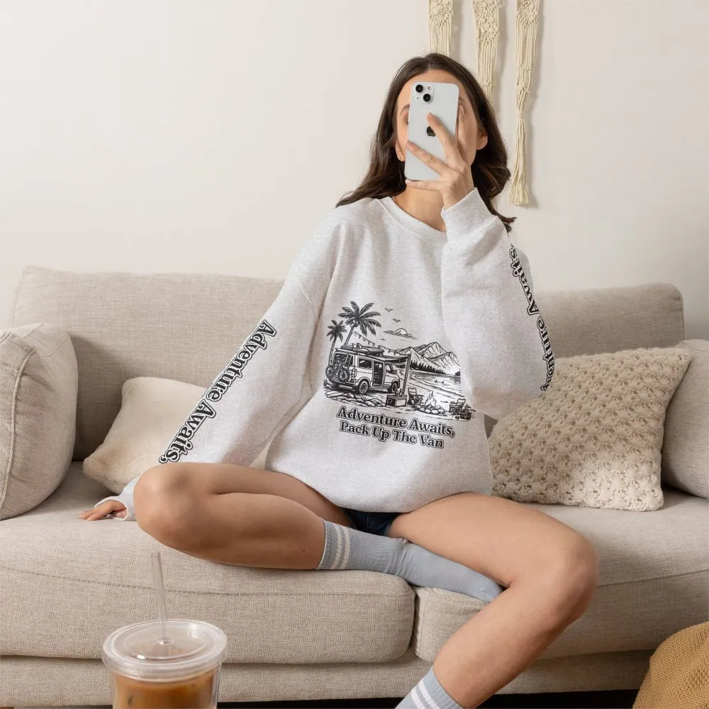 Unisex Heavy Blend™ Crewneck Sweatshirt — "Adventure Awaits,Pack Up The Van" Design Minimal-Line