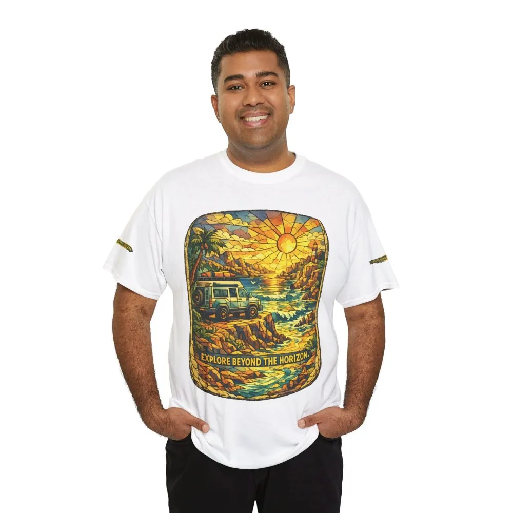 Unisex Heavy Cotton Tee — "Explore Beyond The Horizon" Design Cubic-Line