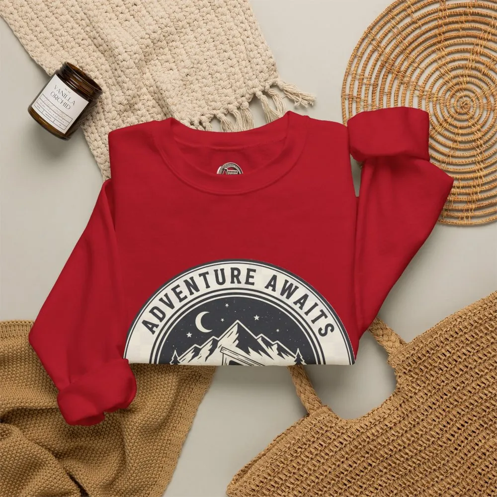 Crewneck Sweatshirt — "Adventure Awaits-Go Where You Feel Most Alive" (Font + Back + Sleaves printed) Vintage Camper Van Outdoor Graphic