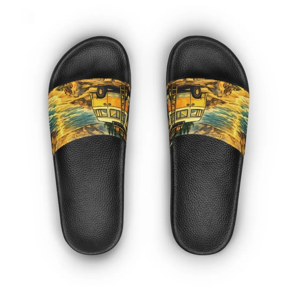 Women's Slide Sandals - Yellow Retro Camper Van Slides (Cubic-Line)