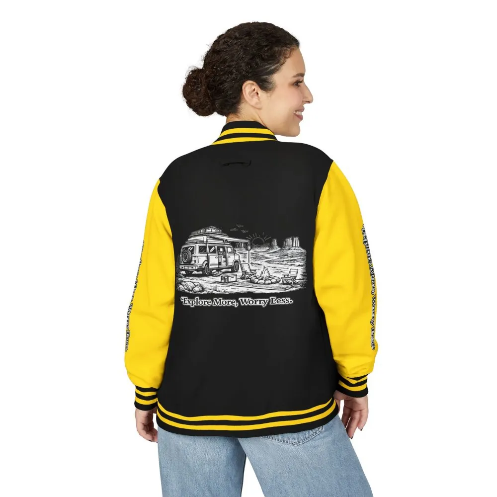 Unisex Heavyweight Letterman Jacket — "Explore More Worry Less" Travel Varsity Coat