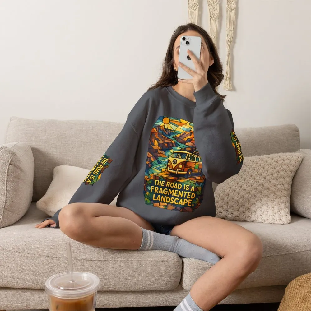 Unisex Heavy Blend™ Crewneck Sweatshirt — "The Road Is A Fragmented Landscape" Design Cubic-Line