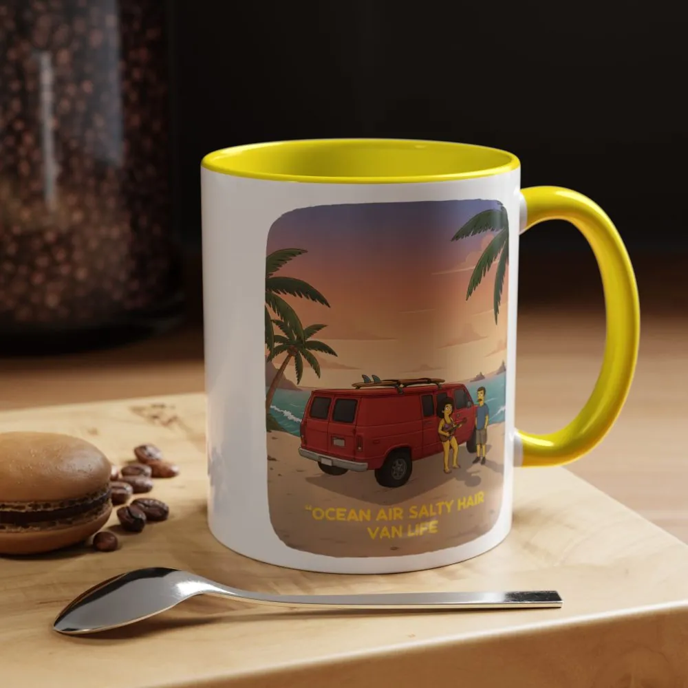 Accent Coffee Mug (11, 15oz) — "Ocean Air Salty Hair Van Life" Design Sitcom-Line