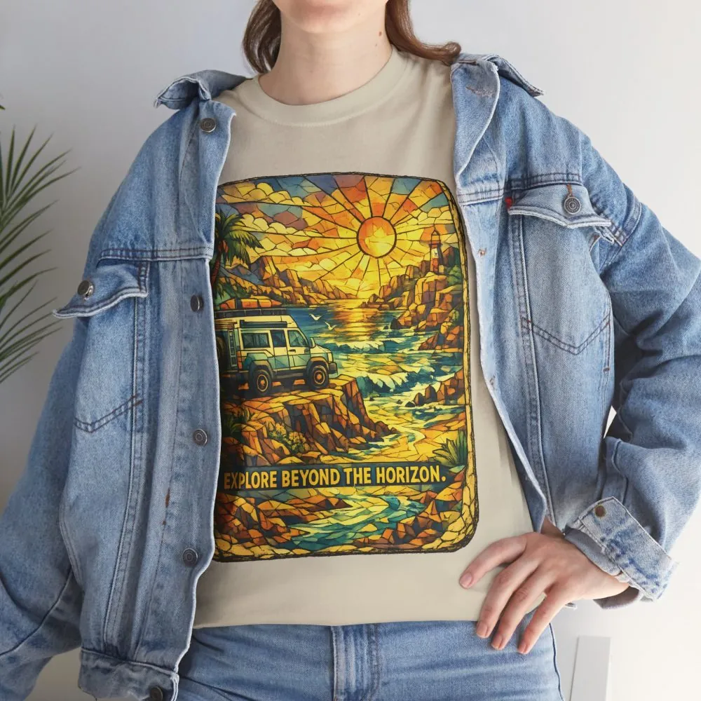 Unisex Heavy Cotton Tee — "Explore Beyond The Horizon" Design Cubic-Line