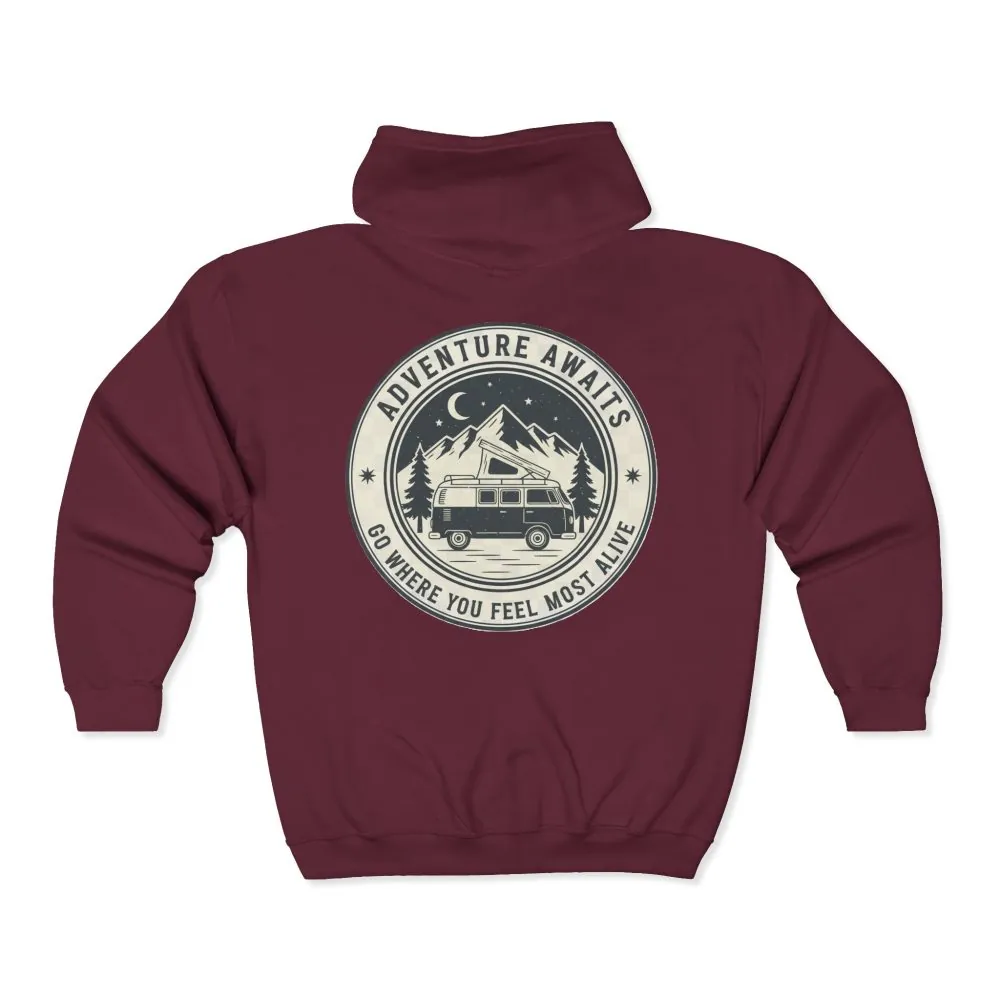 13118824542427382317_2048.jpeg Zip Hoodie — "Adventure Awaits-Go Where You Feel Most Alive" (Only Back Printed) Camper Van Adventure Zip-Up