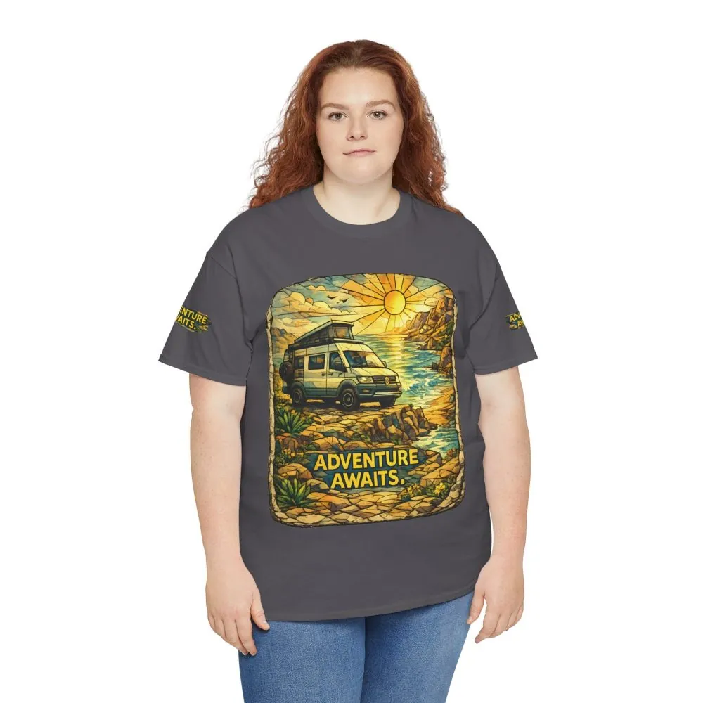 Unisex Heavy Cotton Tee — "Adventure Awaits" Design Cubic-Line