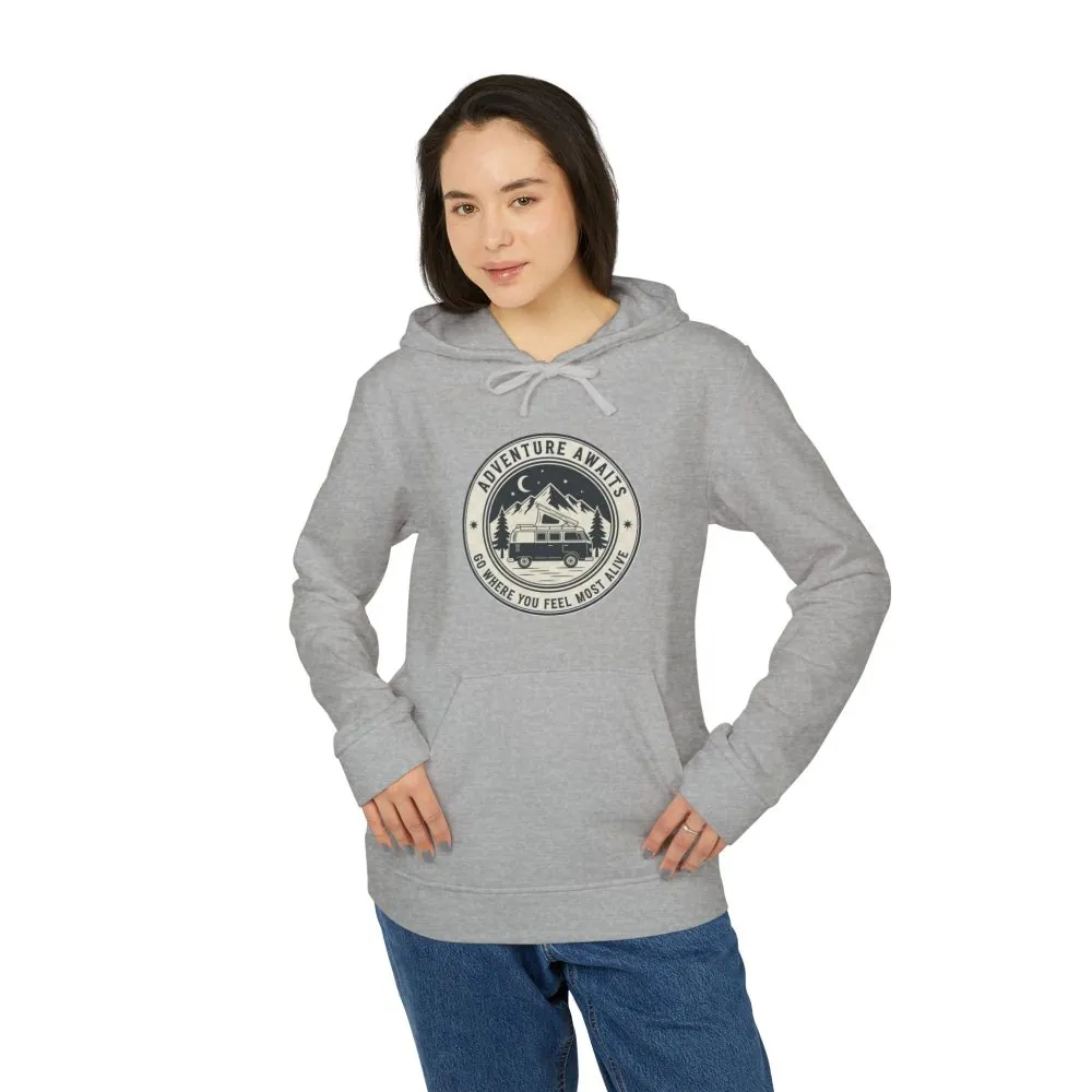 Hoodie(Adidas) — 'Adventure Awaits-Go Where You Feel Most Alive' Outdoor Travel Pullover (Only Front Printed)