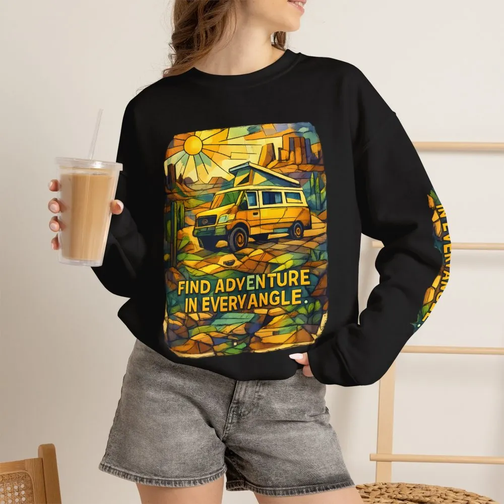 Unisex Heavy Blend™ Crewneck Sweatshirt — "Find Adventure In Every Corner" Design Cubic-Line