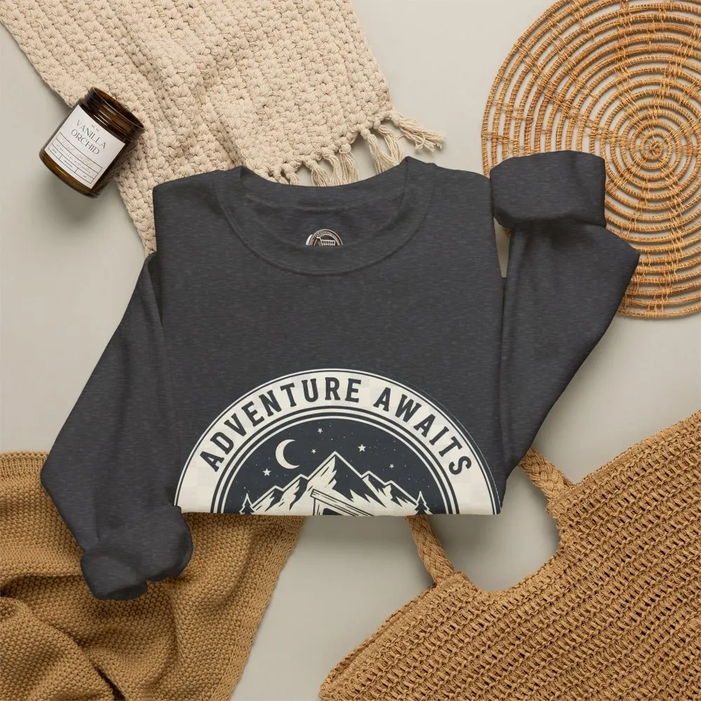 Crewneck Sweatshirt — "Adventure Awaits-Go Where You Feel Most Alive" (Font + Back + Sleaves printed) Vintage Camper Van Outdoor Graphic