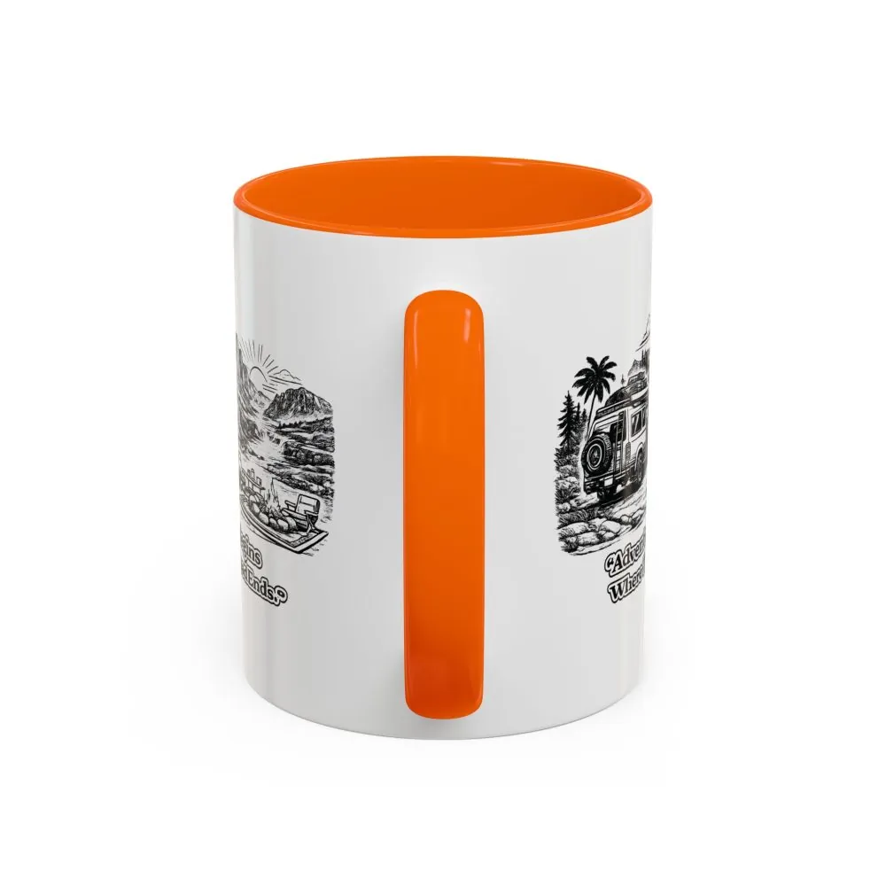 Accent Coffee Mug (11, 15oz) — "Adventure Begins Where The Road Ends" Design Minimal-Line