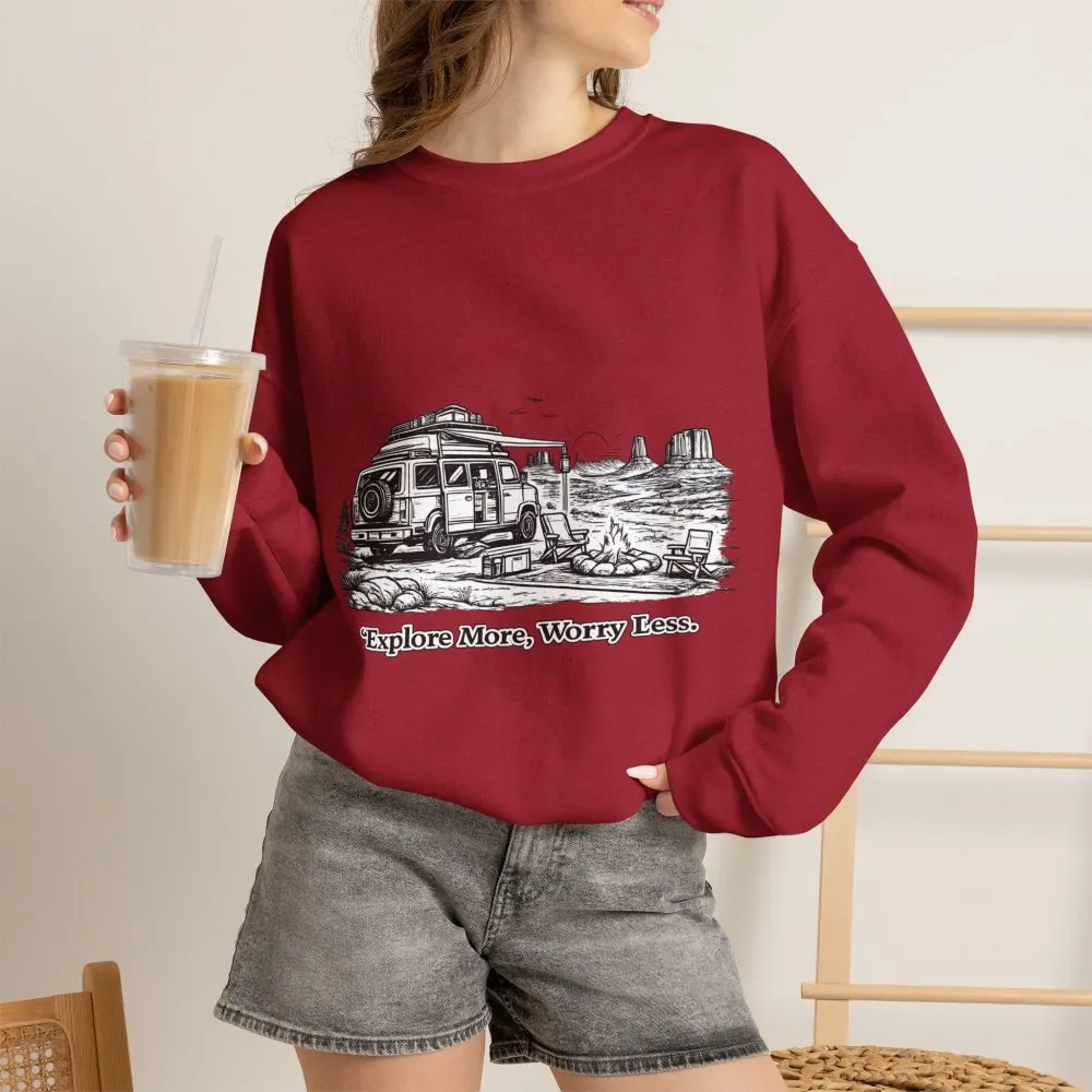 1315499696115245429_2048.jpeg Unisex Heavy Blend™ Crewneck Sweatshirt — "Explore More Worry Less" Design Minimal-Line
