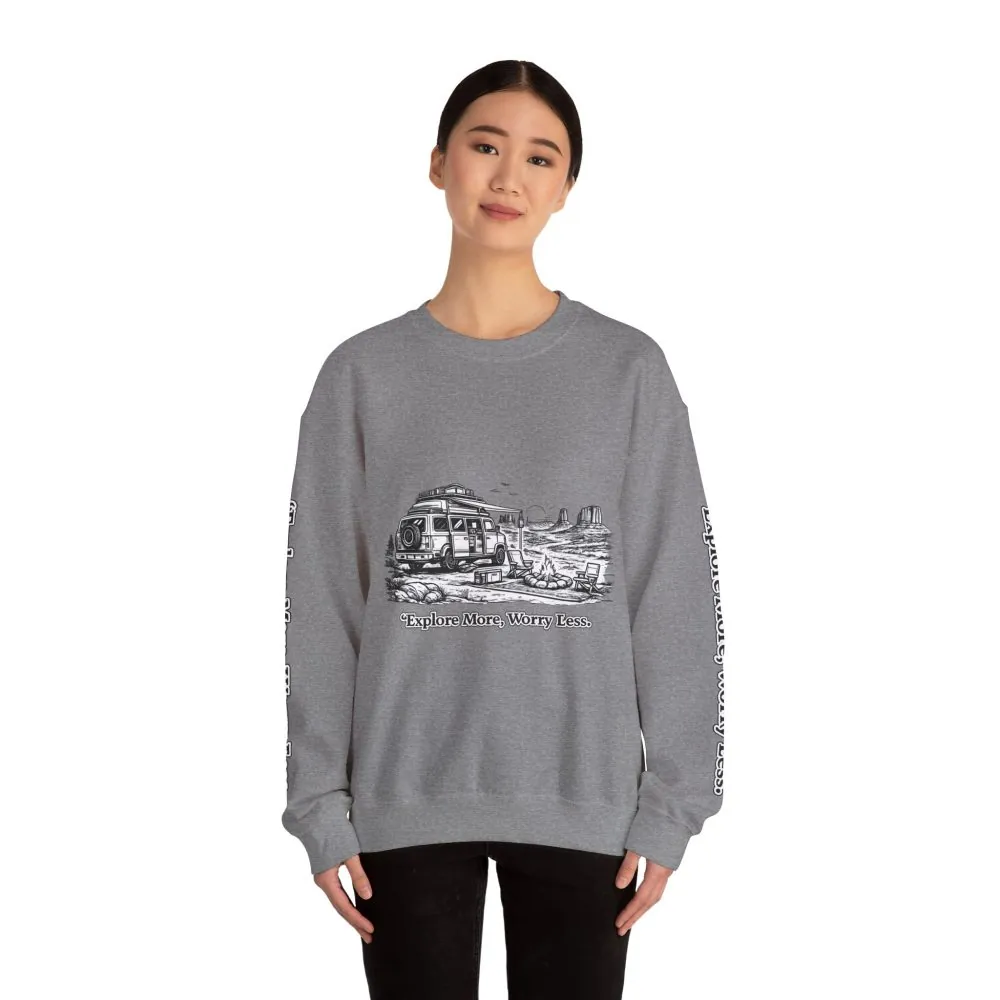 Unisex Heavy Blend™ Crewneck Sweatshirt — "Explore More Worry Less" Design Minimal-Line