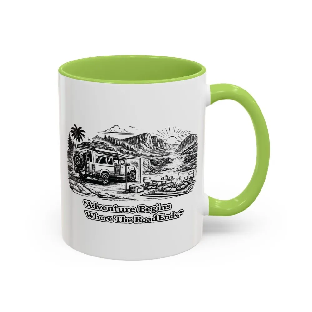 Accent Coffee Mug (11, 15oz) — "Adventure Begins Where The Road Ends" Design Minimal-Line