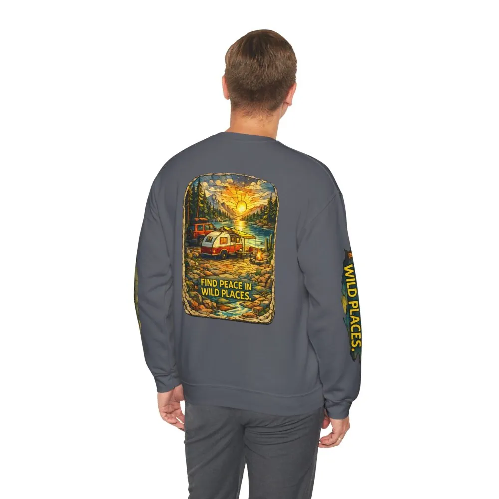 Unisex Heavy Blend™ Crewneck Sweatshirt — "Find Peace In Wild Places" Design Cubic-Line