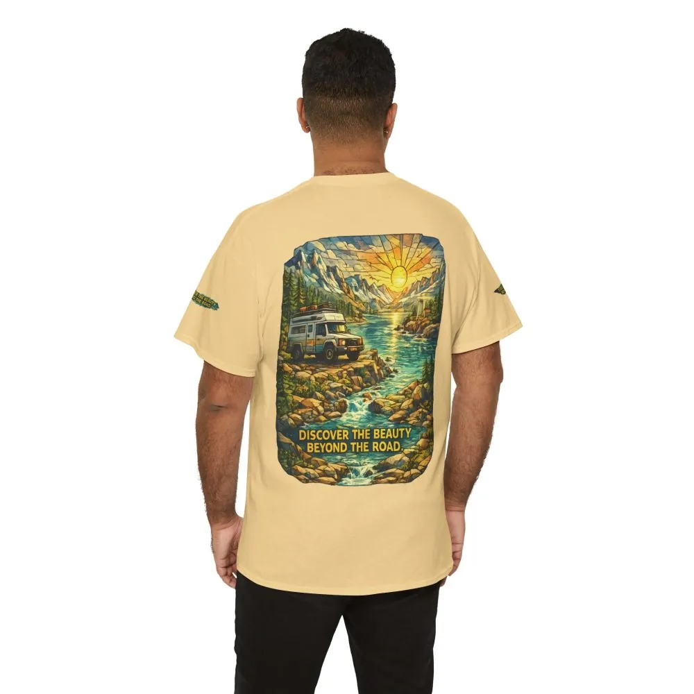 Unisex Heavy Cotton Tee — "Discover The Bieuty Beyond The Road" Design Cubic-Line