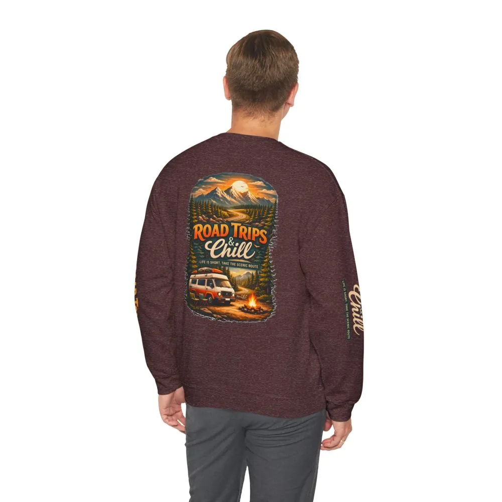 Unisex Heavy Blend™ Crewneck Sweatshirt — "Road Trips & Chill" Design Scenic-Line
