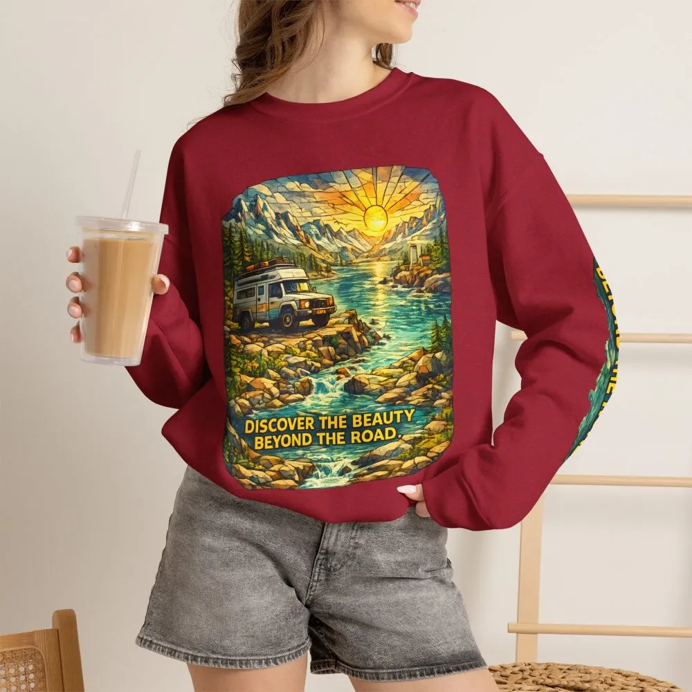 Unisex Heavy Blend™ Crewneck Sweatshirt — "Discover The Bieuty Beyond The Road" Design Cubic-Line