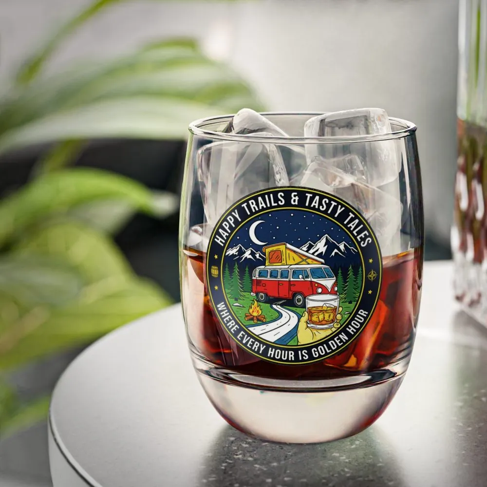 Whiskey Glass - 'Happy Trails & Tasty Tales' Camper Van Camping Whiskey Glass