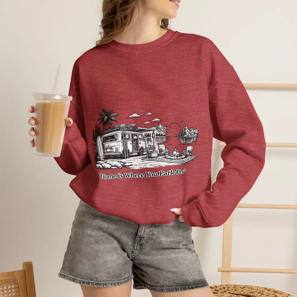 Unisex Heavy Blend™ Crewneck Sweatshirt — "Home Is Where You Park It" Design Minimal-Line