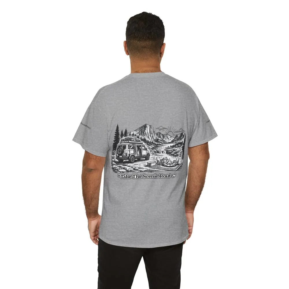 Unisex Heavy Cotton Tee — "Take The Scenic Route" Design Minimal-Line