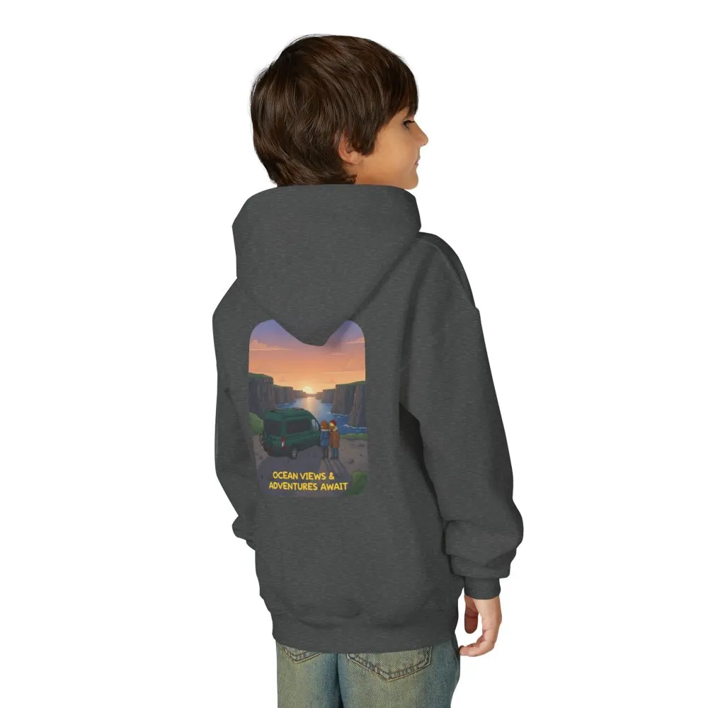 Youth Hoodie(Gildan) – "Ocean Views-Adventures Awaits" (Design Sitcom-Line)