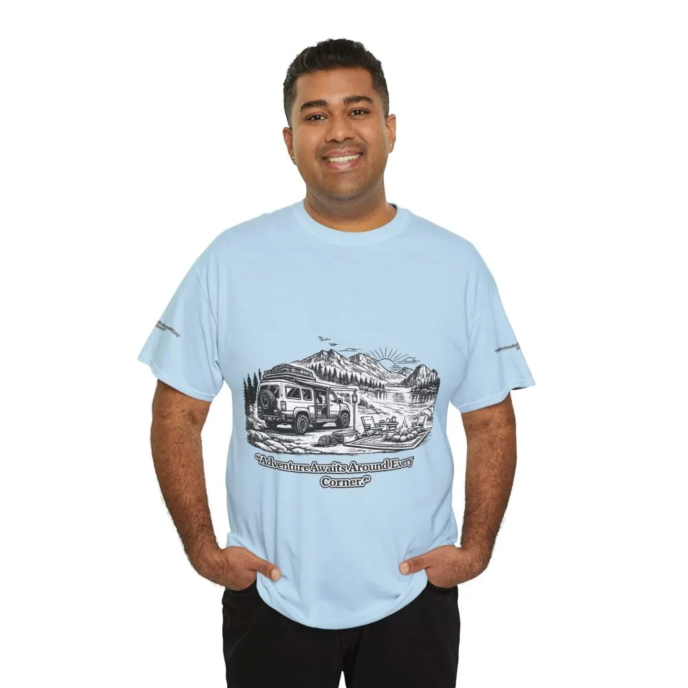 13313803933664806833_2048.jpeg Unisex Heavy Cotton Tee — "Adventure Awaits Around Every Corner" Design Minimal-Line