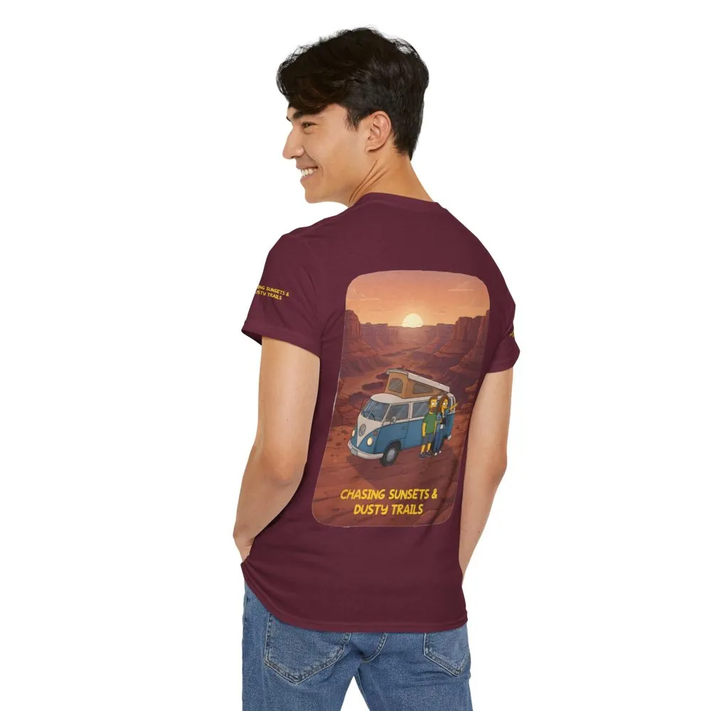 Unisex Heavy Cotton Tee — "Chasing Sunsets And Dusty Trails" Design Sitcom-Line