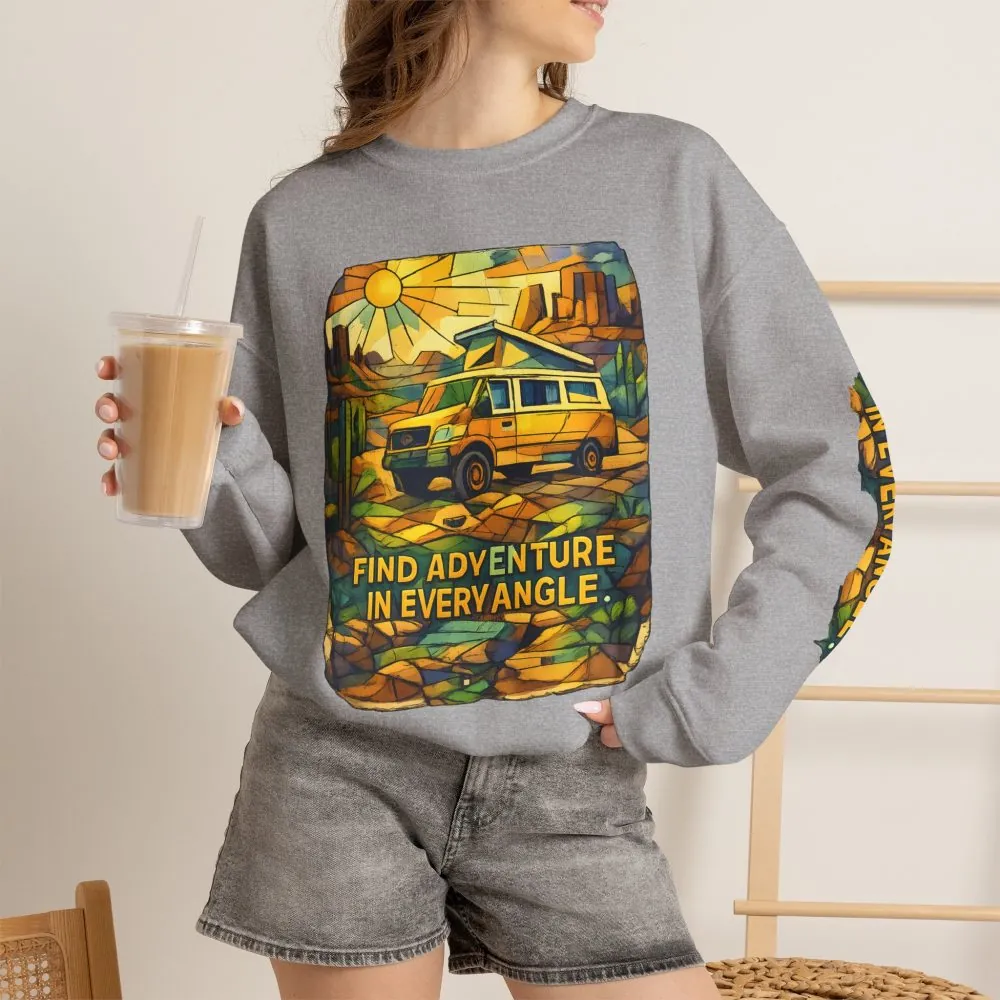 Unisex Heavy Blend™ Crewneck Sweatshirt — "Find Adventure In Every Corner" Design Cubic-Line