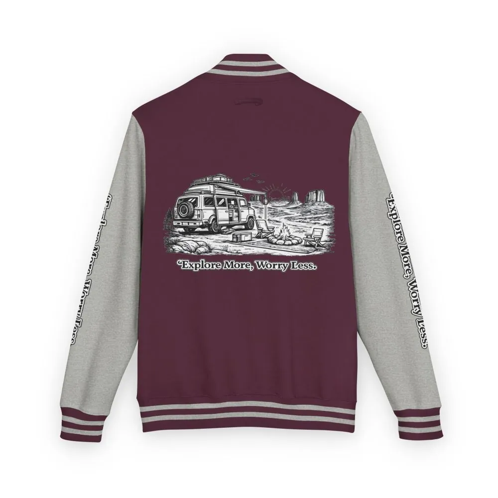 Unisex Heavyweight Letterman Jacket — "Explore More Worry Less" Travel Varsity Coat