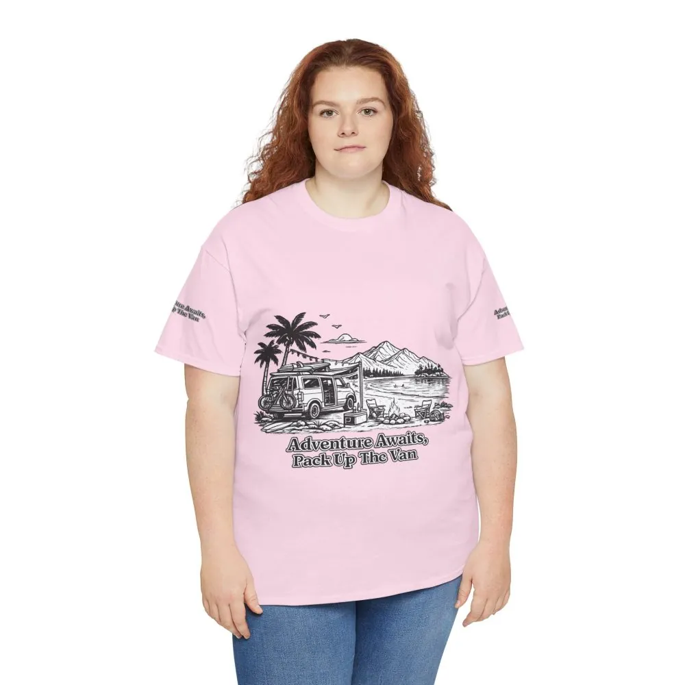 Unisex Heavy Cotton Tee — "Adventure Awaits,Pack Up The Van" Design Minimal-Line