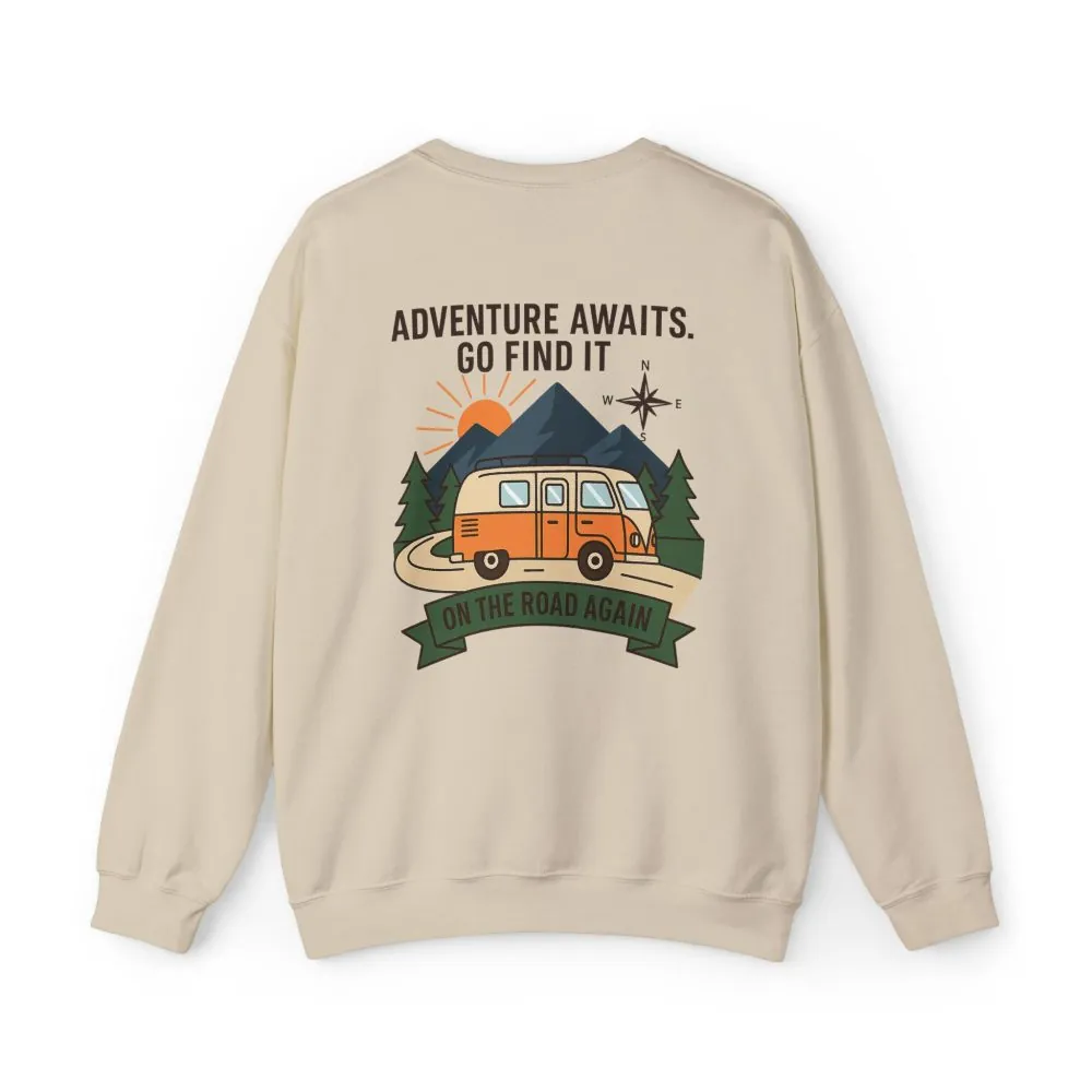 Crewneck Sweatshirt - "Adventure Awaits On The Road Again" Vintage Camper Van