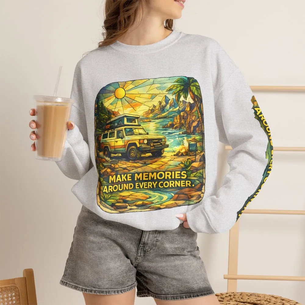 13341846770748083198_2048.jpeg Unisex Heavy Blend™ Crewneck Sweatshirt — "Make Memories Around Every Corner" Design Cubic-Line