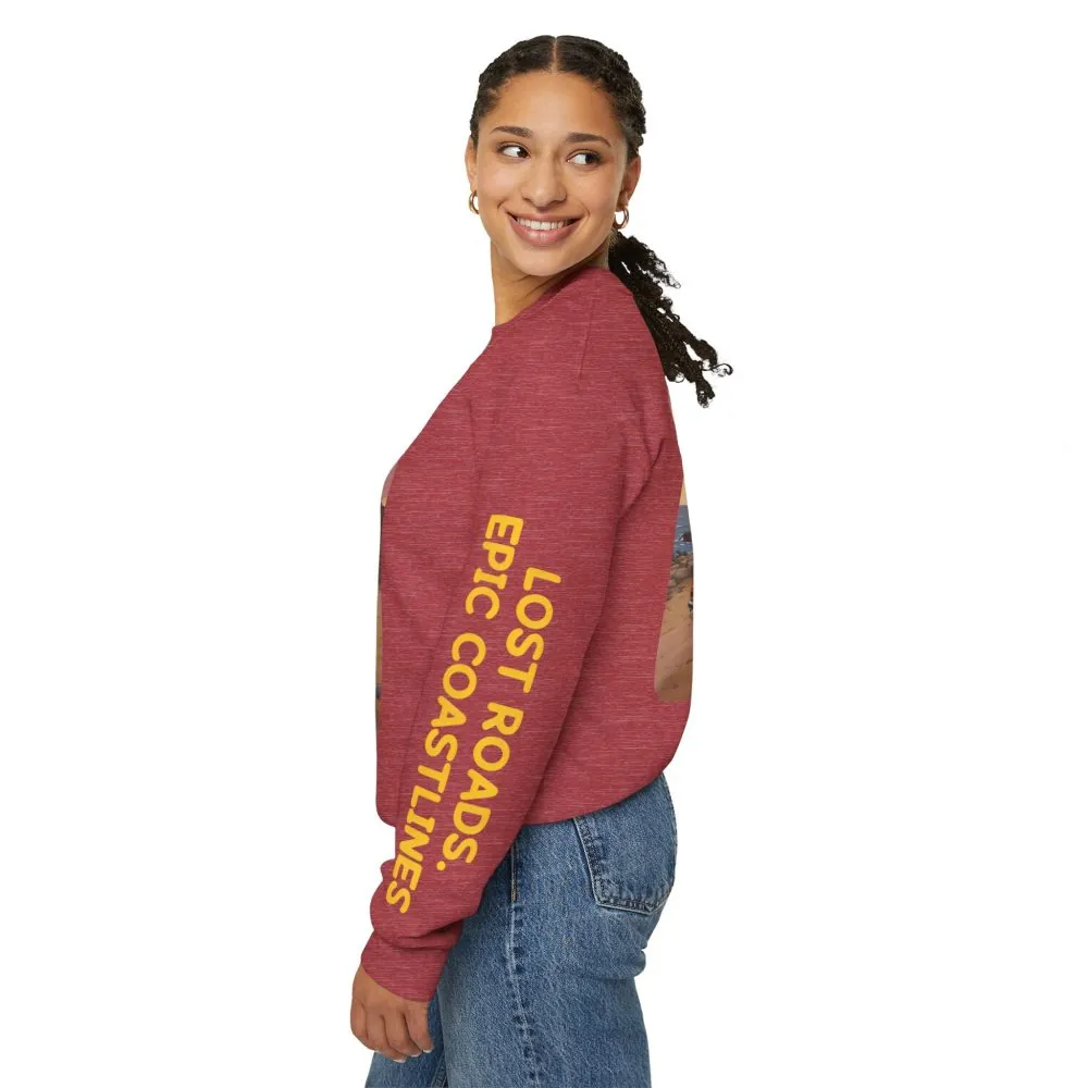 Unisex Heavy Blend™ Crewneck Sweatshirt — "Lost Roads Epic Coastlines" Design Sitcom-Line