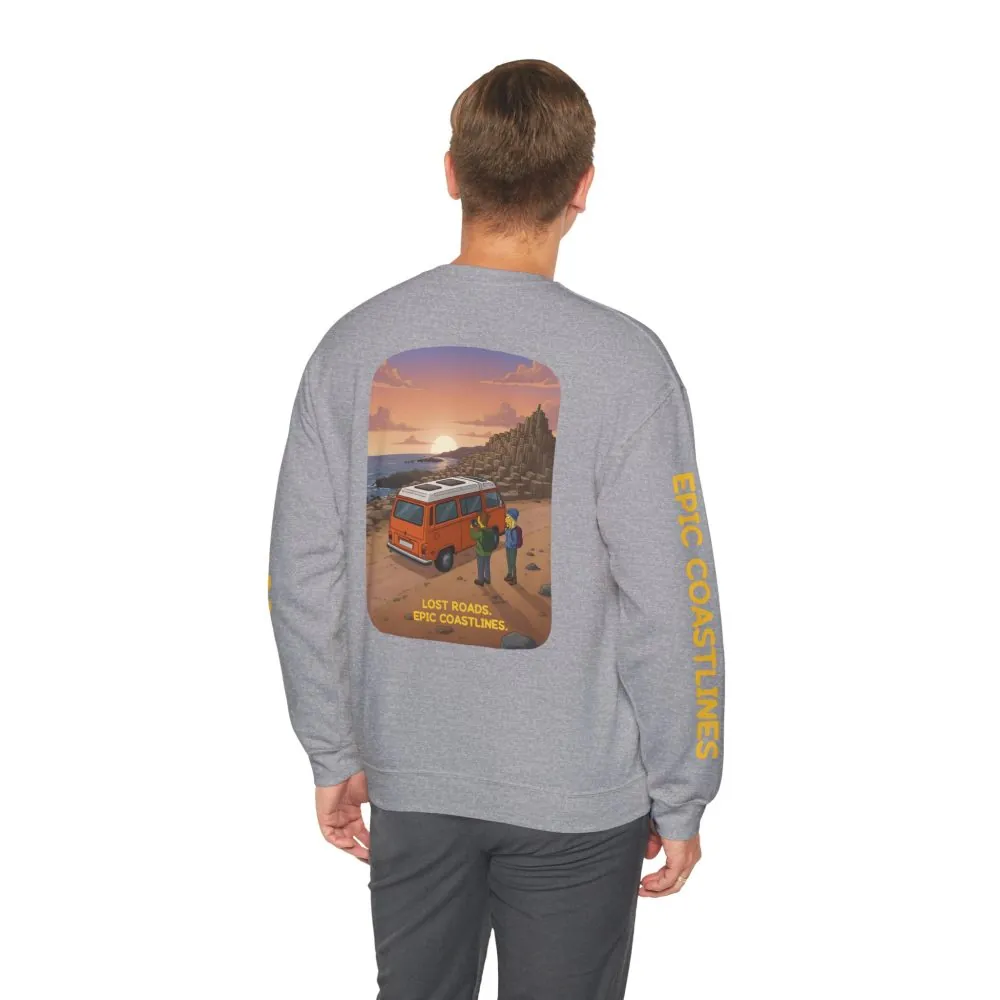 Unisex Heavy Blend™ Crewneck Sweatshirt — "Lost Roads Epic Coastlines" Design Sitcom-Line