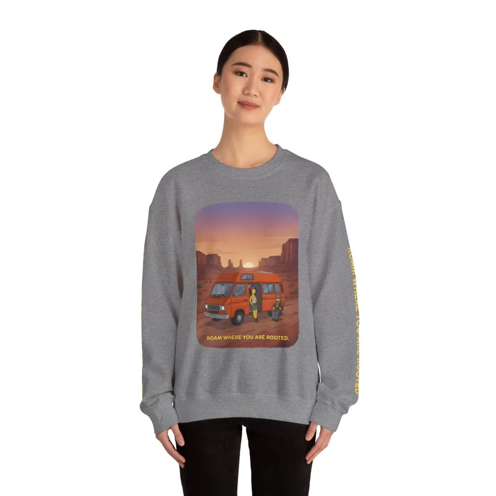 Unisex Heavy Blend™ Crewneck Sweatshirt — "Roam Where You Are Rooted" Design Sitcom-Line