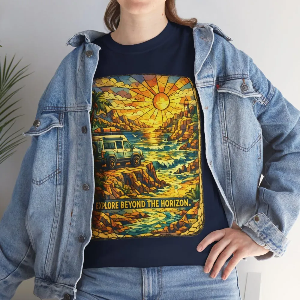 Unisex Heavy Cotton Tee — "Explore Beyond The Horizon" Design Cubic-Line