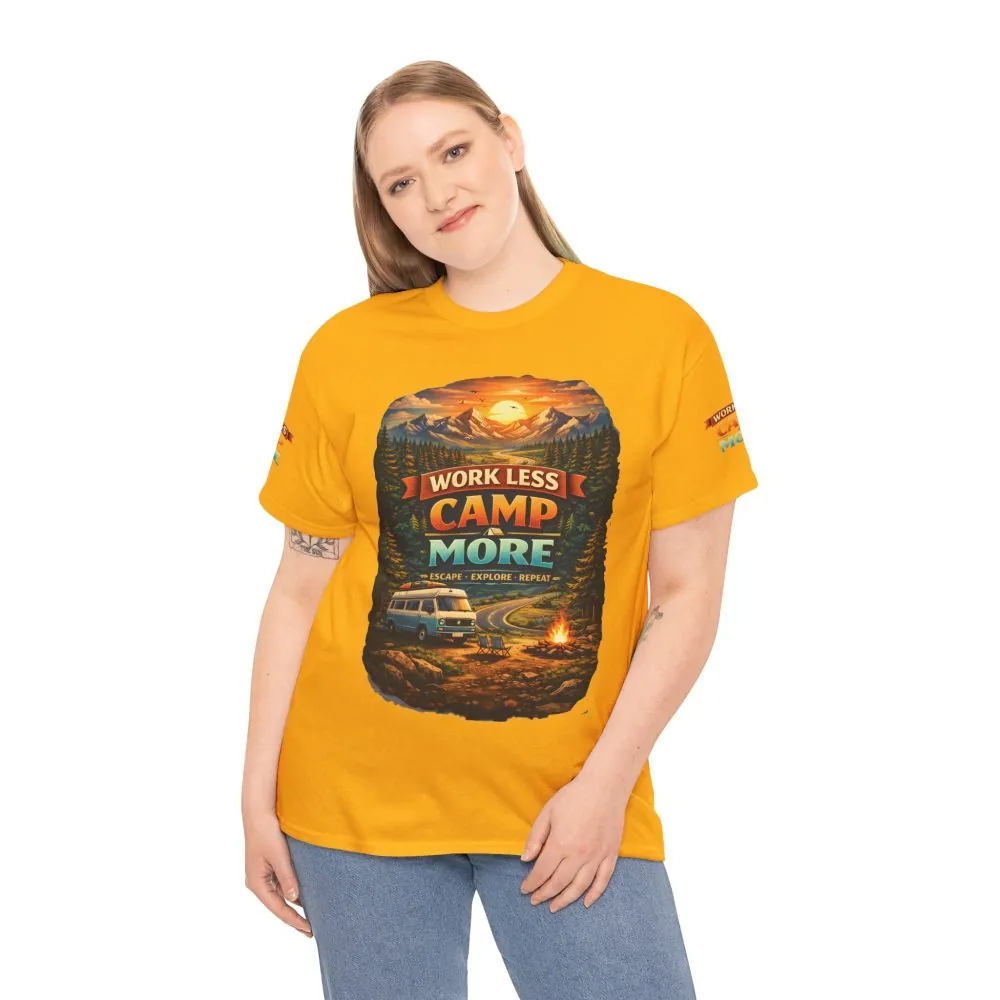 Unisex Heavy Cotton Tee — "Work Less Camp More" Design Scenic-Line
