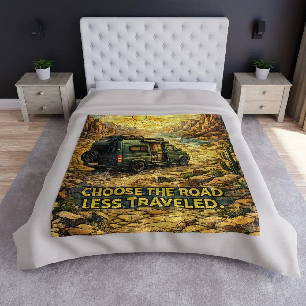 Crushed Velvet Blanket —"Choose The Road Less Traveled" Design Cubic-Line (Campervan)