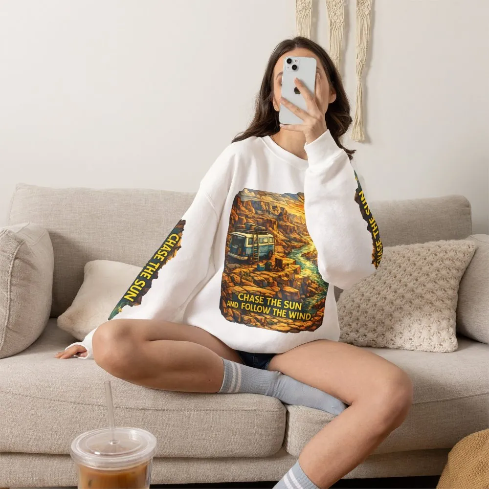 Unisex Heavy Blend™ Crewneck Sweatshirt — "Chase The Sun And Follow The Wind" Design Cubic-Line