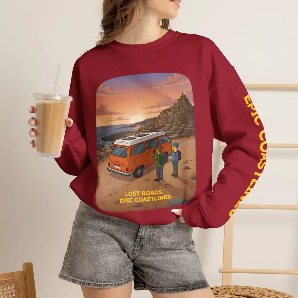 Unisex Heavy Blend™ Crewneck Sweatshirt — "Lost Roads Epic Coastlines" Design Sitcom-Line