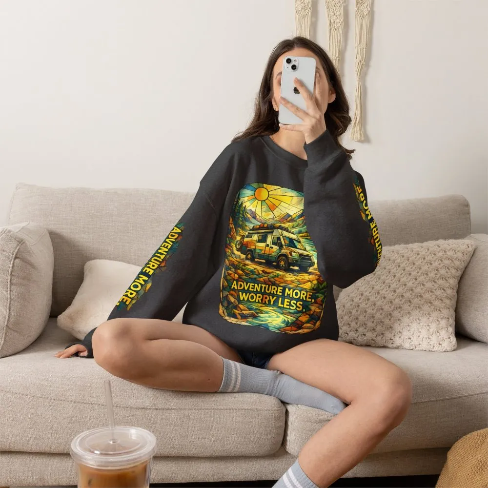 Unisex Heavy Blend™ Crewneck Sweatshirt — "Adventure More Worry Less" Design Cubic-Line