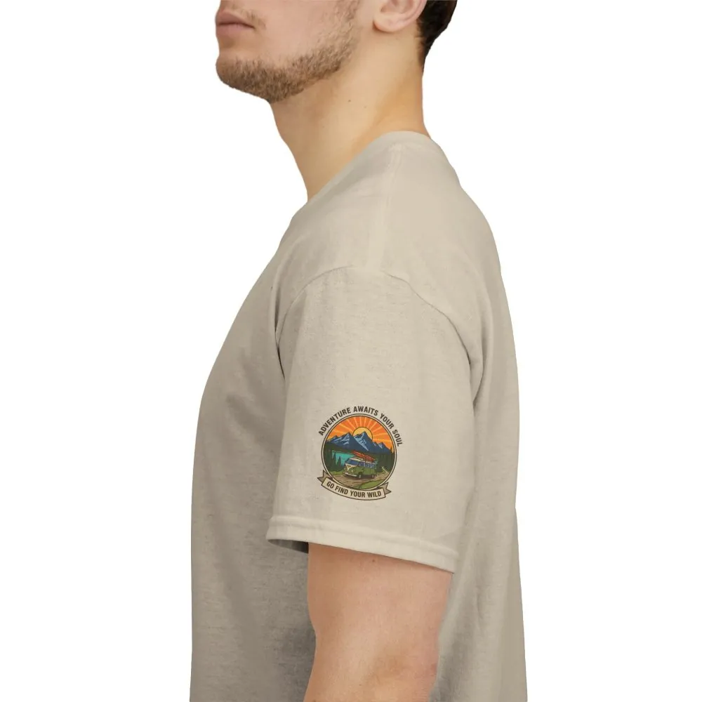 Unisex Heavy Cotton Tee — “Adventure Awaits Your Soul: Go Find Your Wild” Van & Mountain Graphic
