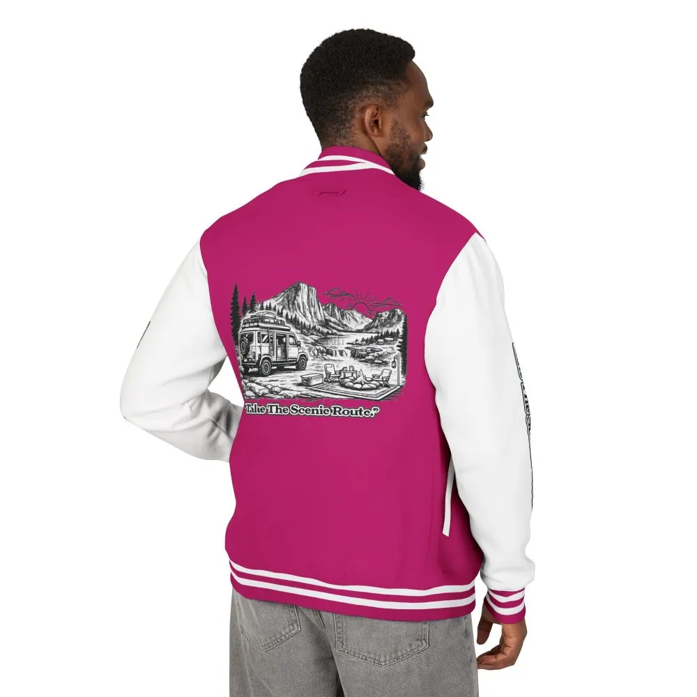 Unisex Heavyweight Letterman Jacket — "Take The Scenic Route" Travel Varsity Coat